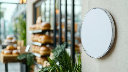 Blank sign board at a bakery with fresh bread in the background, perfect for advertising or business promotion.