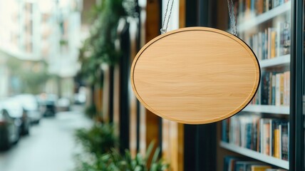 Empty wooden sign hanging outside a charming bookstore, with a blurred street and greenery in the background.