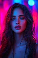Obraz premium Close-up shot of woman in vibrant neon lighting, showcasing detailed facial features and modern aesthetic.