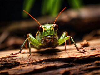 Fototapeta premium Close-up of a green insect with large eyes and spiky legs on wood.