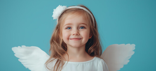 Cute little girl smiling in white angel costume isolated on blue background with copy space banner...