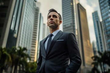 Fototapeta premium A confident businessman in a suit stands tall against a backdrop of modern skyscrapers in a bustling urban environment.
