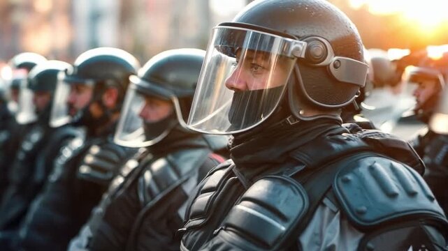 Rearward view of unit riot control officers overseeing a tumultuous rally, security members sport defensive gear like shields, headgear, and armor. Security during street demonstrations. Generative AI