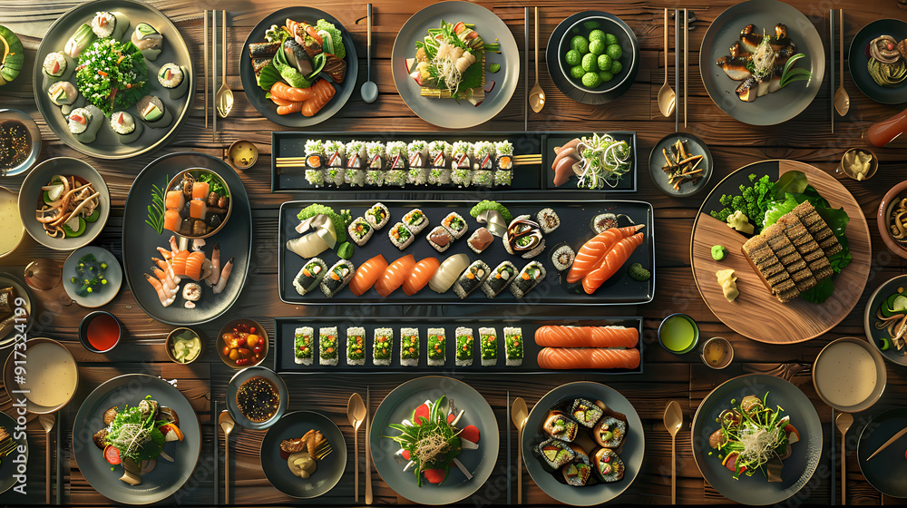 Wall mural Japanese restaurant dinner table spread in top-down view, array of beautifully plated sushi, sashimi, tempura, surrounded, fresh salads, traditional Japanese food