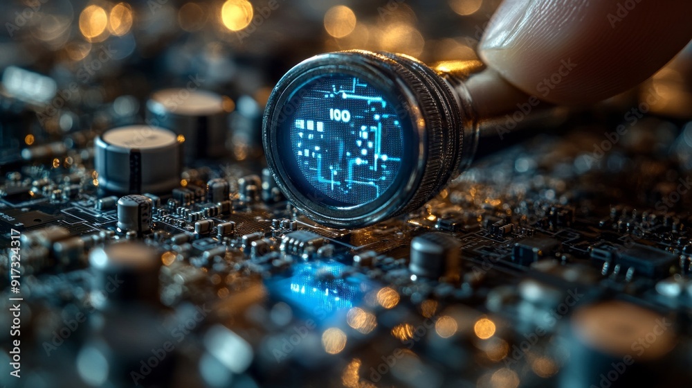 Poster A hand is pointing at a small electronic device with a blue light on it