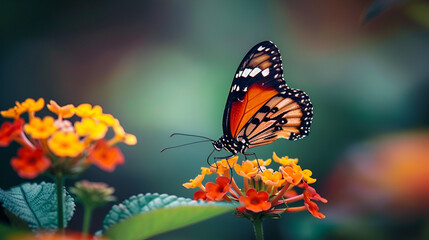 A beautiful butterfly with vibrant blue and orange patterns resting on sandy ground in the warm sunlight of a spring afternoon, Generative AI
