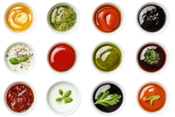A variety of colorful sauces arranged neatly in small bowls, cut out - stock png.