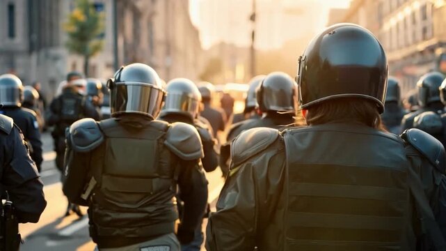 Rearward view of squad of anti riot officers overseeing a turbulent protest. Security personnel gear including shields, headgear, and bullet resistant clothing. Generative AI