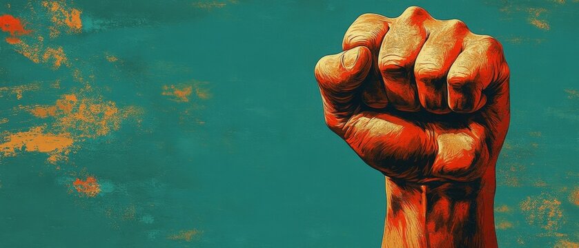 Vintage-style poster of a worker's fist, symbolizing labor rights, bold and contrasting colors, [Labor Day, empowerment]