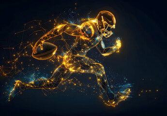 Technology in rugby game, digital yellow low poly rugby player with glowing data streams, ai in sports analytics, player performance tracking systems, game strategy, wireframe player design