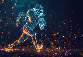 Technology in rugby game, digital yellow low poly rugby player with glowing data streams, ai in sports analytics, player performance tracking systems, game strategy, wireframe player design