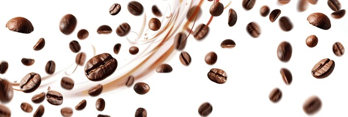 Obraz premium coffee beans in a swirling pattern on a white background, with some beans in focus and others blurred to create a sense of movement