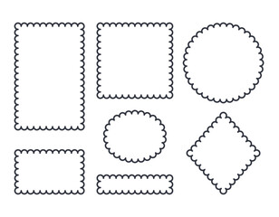 Vector wavy frame geometric shapes. Rhombus, oval, square, elongated rectangle. Scalloped edge borders decorative collection. Repeating elements pattern lace. Editable stroke line fabric design