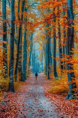 Obraz premium Autumn Forest Path with Vibrant Leaves and Lone Walker, Ideal for Nature Posters and Prints