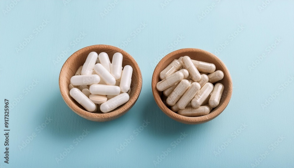 Wall mural collagen in capsules in two wooden bowl on pastel blue background