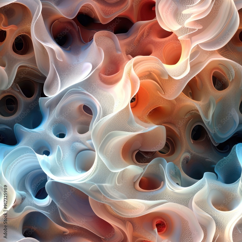 Wall mural abstract 3d seamless pattern with wavy lines and holes.