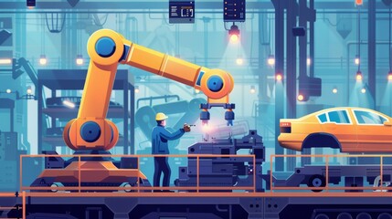 Engineer Adjusting Robotic Arm in Modern Automated Automobile Assembly Factory