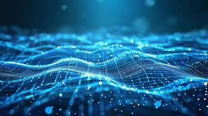 Abstract line waves, Digital waves, Business graph waves and technology graph, Abstract blue technology background with a cyber network grid and connected particles, digital connectivity