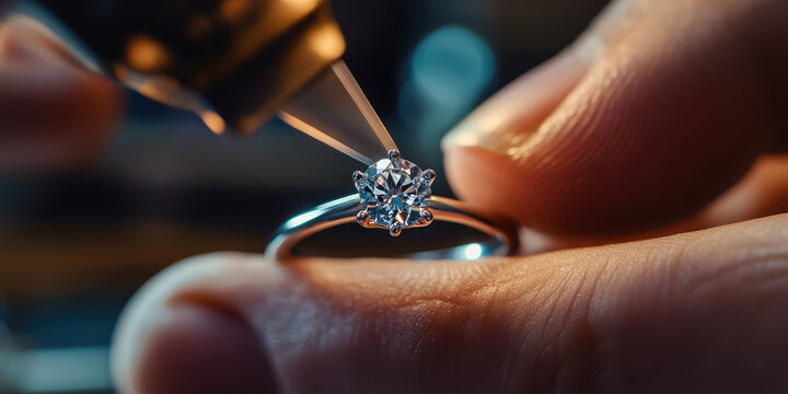A master jeweler setting gems into diamond ring, workshop with professional tools