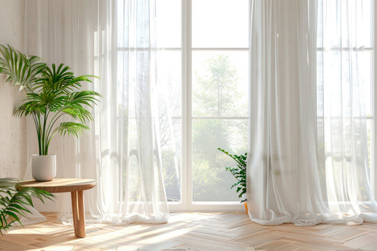 background of a window with curtains and plants