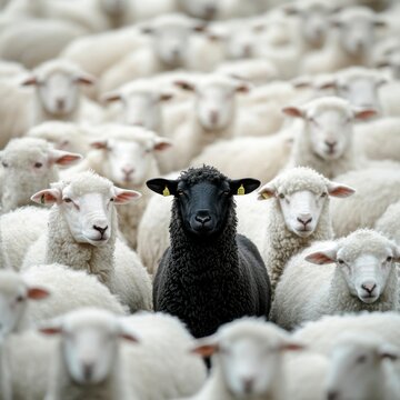 A black sheep among white sheep symbolizes individuality and leadership.