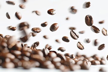coffee beans in a swirling pattern on a white background, with some beans in focus and others blurred to create a sense of movement