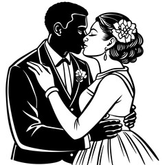 black wedding couple kissing art vector