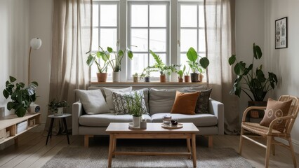 Interior of living room with couch and cushions from natural fabric window linen curtains green house plants. Scandinavian style