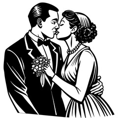 black wedding couple kissing art vector