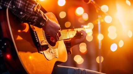 Obraz premium A musician playing the guitar on the stage with warm lighting