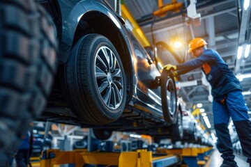 Fototapeta premium Automated Car Manufacturing Process with Robotic Arm and Worker Installing Tires in Modern Factory