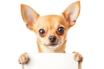 Cute chihuahua puppy holding blank white banner in its paws isolated on white background