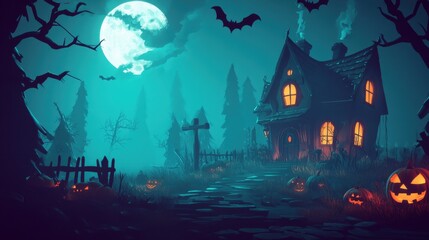 Halloween night scene with a haunted castle, bats, pumpkins, and a dark sky