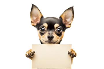Cute chihuahua puppy holding blank white banner in its paws isolated on white background