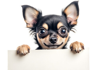 Cute chihuahua puppy holding blank white banner in its paws isolated on white background