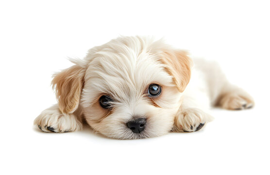 White Maltese Bichon puppy sitting looking at camera, isolated on all white background