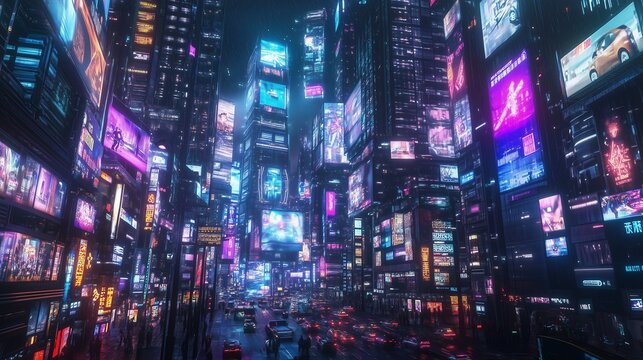 A dense, vibrant cityscape illuminated by neon signs and billboards, showcasing a futuristic urban environment at night.