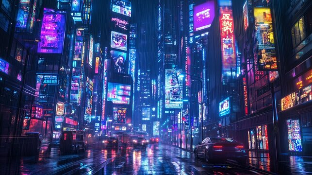 Fototapeta Vibrant cyberpunk city scene with illuminated neon advertisements and glowing billboards amidst rainy night streets.