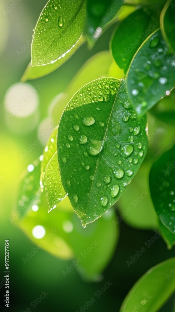 Sticker Close-up of green leaves with water