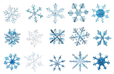 Fototapeta premium Various intricate snowflakes displayed in a symmetrical pattern, cut out - stock png.