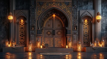 Obraz premium 3D muslim mosque beautiful decoration in blue and gold background. Ramadan kareem islamic background