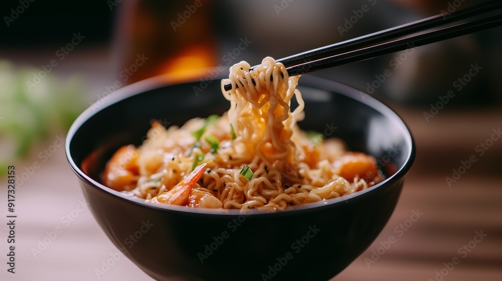 Wall mural close-up of chopsticks lifting delicious ramen noodles from a black bowl with shrimp and green onion