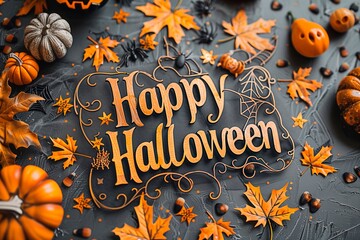 Festive celebration of autumn with happy halloween card surrounded by colorful pumpkins and candy corn