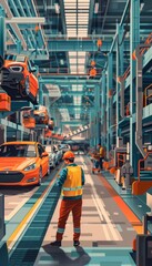 Engineering Oversight in Automobile Factory: Worker Reviewing Safety Protocols Near Assembly Line