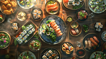 Japanese restaurant dinner table spread in top-down view, array of beautifully plated sushi, sashimi, tempura, surrounded, fresh salads, traditional Japanese food