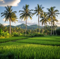 Obraz premium Lush Green Rice Fields and Towering Palms on the Serene Landscape of Lombok Island, Indonesia, with the Tranquil Mountains as a Backdrop