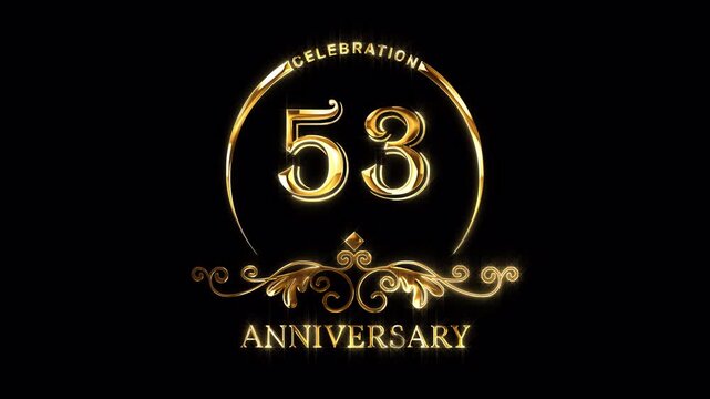 53rd Anniversary Celebration. Happy 53 Years Anniversary Animation in Gold Color on the Transparent Background, Alpha Channel. Great for greetings, celebrations, events, and gifts.