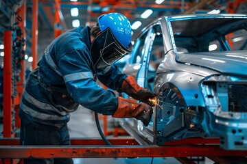 Fototapeta premium Engineer Inspecting Weld Quality on Car Assembly Line in Modern Factory Setting