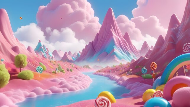 a candy themed landscape with pink mountains made of sugar, a vibrant rainbow, and soft, fluffy clouds floating sugar river winds a magical and whimsical environment 