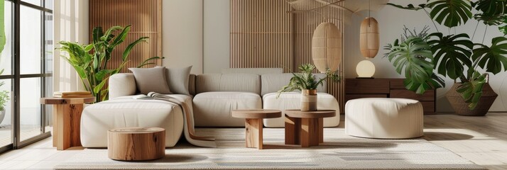 Modern living room interior design with modular beige sofa wooden coffee tables green plants textiles neutral room divider and stylish accessories Contemporary home decor Home staging concep